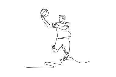Aktif erkek basketbolcunun spor sahasında oynadığı tek çizgi. Rekabet sezonunda sağlıklı bir sporcu. Aralıksız çizgi çizimi tasarım grafik vektör çizimi