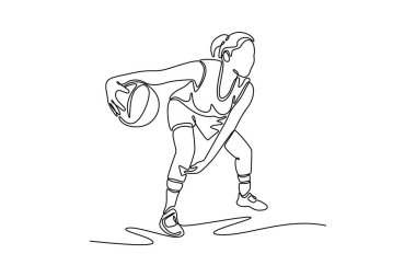Sahada çeviklik ve kontrol sergileyen, top süren güzel bayan basketbolcunun sürekli çizdiği bir çizgi. Rekabetçi bir spor oyunu. Tek çizgi çizimi tasarım vektörü grafik çizimi