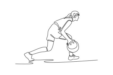 Oyun sahasında top sürme antrenmanı yaparken kadın basketbolcuların spor giysileri giydiği bir çizgi. Açık avlu sporu. Tek çizgi çizimi tasarım vektörü grafik çizimi