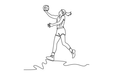 Spor elbiseli kadın basketbolcunun atlayıp oyun sahasında antrenman yaparken sayı attığı tek çizgi. Bir çizgi çizimi grafik tasarım vektör çizimi