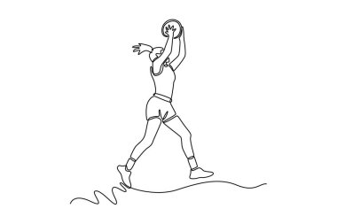 Sahada antrenman yaparken spor kıyafetleri içinde atlayan ve smaç basan güzel profesyonel bayan basketbolcuları çeken tek çizgi. Bir çizgi çizimi grafik tasarım vektör çizimi