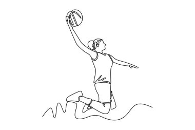 Çekici bayan basketbolcunun sürekli çizdiği tek çizgi spor sahasında smaç basıyor. Rekabetçi bir oyunda sağlıklı bir şehir hayatı. Bir çizgi çizimi grafik tasarım vektör çizimi