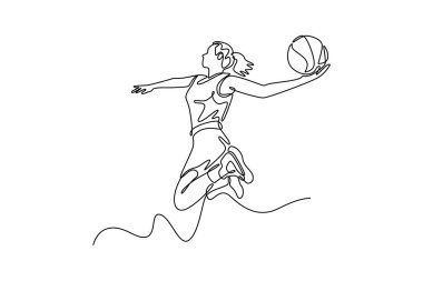 Sahada antrenman yaparken spor kıyafetleriyle atlayan ve smaç basan güzel, profesyonel bir basketbolcu çiziyor. Bir çizgi çizimi grafik tasarım vektör çizimi