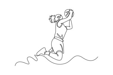 Tek ve sürekli çizim yapan güzel bayan basketbolcu oyunda profesyonel arenada smaç basıyor. Spor üniforması giyen oyuncular. Bir çizgi çizimi grafik tasarım vektör çizimi
