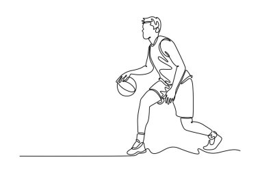 Genç basketbolcunun top sürdüğü tek çizgi. Oyun sahasında çeviklik ve kontrol eğitimi. Sporcu aktivitesi ya da hobi. Aralıksız çizgi çizimi tasarım grafik vektör çizimi
