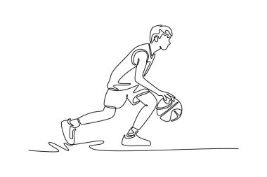 Profesyonel basketbolcunun top sürdüğü, çeviklik ve kontrol sergilediği tek çizgi. Rekabetçi bir spor oyunu. Aralıksız çizgi çizimi tasarım grafik vektör çizimi