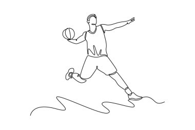 Çekici erkek basketbolcuyu çeken tek çizgi, spor sahasında smaç basıyor. Rekabetçi bir oyunda sağlıklı bir sporcu yaşam tarzı. Aralıksız çizgi çizimi tasarım grafik vektör çizimi