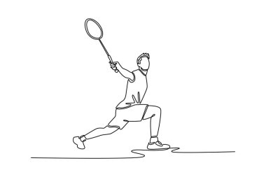 Profesyonel badminton oyuncusunu çeken bir çizgi devam ediyor. Rakibinden top almaya hazır ol. İç sahada defansta oynayan bir sporcu. Tek çizgi çizimi tasarım vektörü grafik çizimi