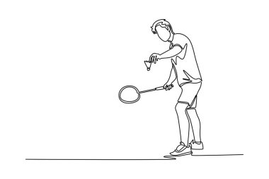 Spor kıyafetleri giymiş erkek badminton oyuncusu raket ve servis için hazır bekliyor. Sağlıklı aktivite ve hobi. Tek çizgi çizimi tasarım vektörü grafik çizimi