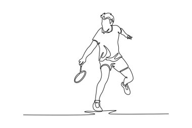 Erkek badminton oyuncusu sürekli bir çizgi halinde rakibinden top almaya hazır olsun. Sporcu ters vuruş konseptiyle defansta oynuyor. Tek çizgi çizimi tasarım vektörü grafik çizimi
