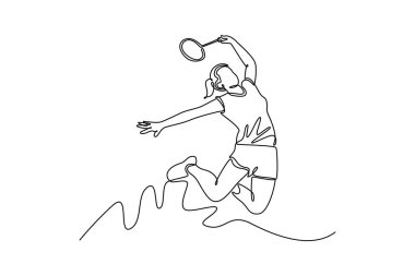 Güzel kadın badminton oyuncusunun atlayıp, kapalı sahada raketle siki ezdiği bir çizgi. Spor aktivitesi ve eğlence. Tek çizgi çizimi tasarım vektörü grafik çizimi