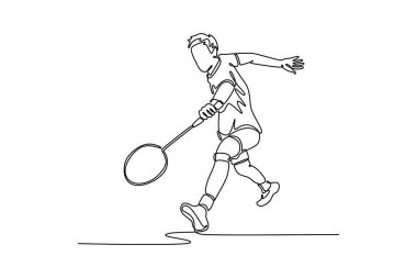 Sürekli bir çizgi halinde erkek badminton oyuncusu kapalı sahada oynanan oyun sırasında rakibinden servis horozu almaya hazır olsun. Spor aktivitesi. Tek çizgi çizimi tasarım vektörü grafik çizimi