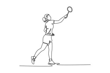Dişi badminton oyuncularını çeken tek sıra. Rakibinden top almaya hazır ol. Ters vuruş tekniğiyle defansta oynayan bir sporcu. Bir çizgi çizimi grafik tasarım vektör çizimi