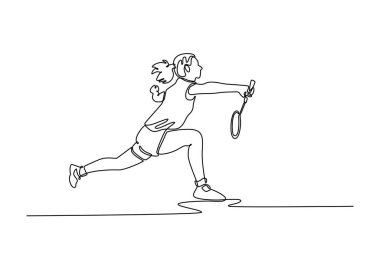 Güzel bayan badminton oyuncusu çizen tek çizgi kapalı sahada oynanan oyun sırasında rakibinden servis penisi almaya hazır olun. Modern sürekli çizgi çizimi tasarım grafik vektör çizimi