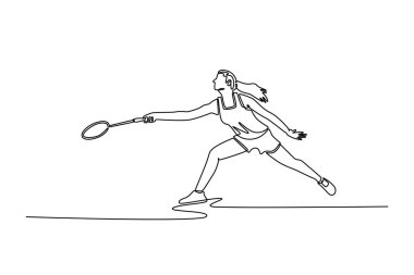 Tek çizgi çizen kadın badminton oyuncusu rakibinden servis horozu almaya hazır ol. Sporcu badminton savunma tekniği kullanıyor. Aralıksız çizgi çizimi tasarım grafik vektör çizimi