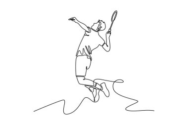 Bir çizgi badminton oyuncusunun zıplamasını ve mekiği parçalamasını çekiyor. Turnuvada sayı yapmak için. Atletik hareket gösteriliyor. Aralıksız çizgi çizimi tasarım grafik vektör çizimi