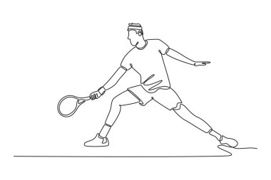 Erkek tenisçinin topa forehand metoduyla vurduğu sürekli bir çizgi. Sporcu açık alanda beceri ve teknikler geliştiriyor. Tek çizgi çizimi tasarım vektörü grafik çizimi