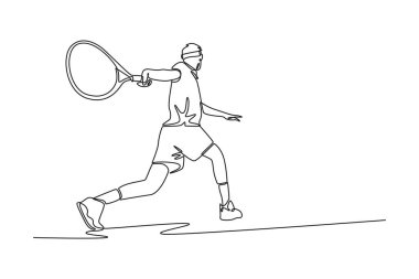 Tenisçiyi geriye doğru çeken bir çizgi devam ediyor. Rakibinden topu almaya hazır ol. Sporcu ters vuruş konseptiyle defans oynuyor. Tek çizgi çizimi tasarım vektörü grafik çizimi
