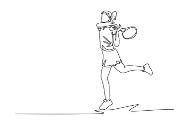 Güzel bayan tenisçinin odaklanarak ve güçle tenis topuna vurduğu bir çizgi devam ediyor. Raketli, spor yapan, antrenman yapan bir kız. Tek çizgi çizimi tasarım vektörü grafik çizimi