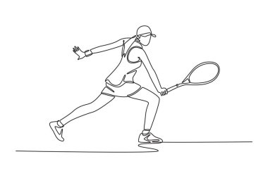 Güzel bayan tenisçiyi çeken tek sıra. Rakibinden topu almaya hazır ol. Ters vuruş metoduyla defans yapan bir sporcu. Bir çizgi çizimi grafik tasarım vektör çizimi