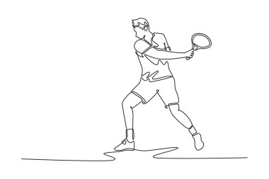 Profesyonel tenisçiyi çeken tek çizgi. Rakibinden topu almaya hazır ol. Sporcu ters vuruş metoduyla defans oynuyor. Aralıksız çizgi çizimi tasarım grafik vektör çizimi