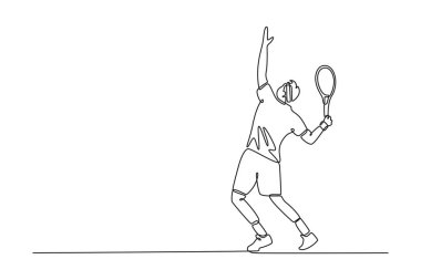 Profesyonel tenisçi tek çizgi geriden görüşlü tenis topunu hassas ve güçlü bir şekilde sahada servis ediyor. Spor aktivitesi ve eğlence. Aralıksız çizgi çizimi tasarım grafik vektör çizimi