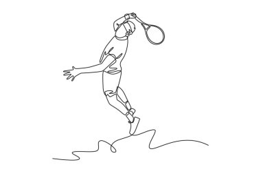 Tek bir çizgi tenisçiyi zıplatırken ve topa vururken çekiyor. Sporcu yeteneklerini ve tekniklerini tenis kortunda geliştiriyor. Aralıksız çizgi çizimi tasarım grafik vektör çizimi