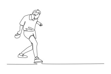 Dinamik vuruşlar ve dönüşler yapan erkek masa tenisçilerinin sürekli çizdiği bir çizgi. Modern ping pong hareketinde beceri ve teknikler gösteriyor. Tek çizgi tasarım vektör grafik çizimi