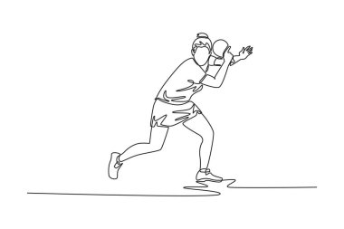 Profesyonel bayan masa tenisçisini çeken tek çizgi devam ediyor. Rakibinden topu almaya hazır ol. Ters vuruş metodu uyguluyor. Tek çizgi çizimi tasarım vektörü grafik çizimi