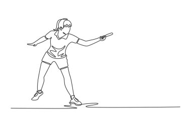 Güzel bayan masa tenisçisini çeken tek sıra devam ediyor. Rakibinden topu almaya hazır ol. Ters vuruş metoduyla defans oynuyor. Tek çizgi çizimi tasarım vektörü grafik çizimi