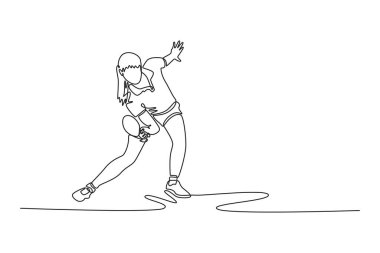 Tek sıra halinde kadın masa tenisi oyuncularının vuruşlarını ve dönüşlerini çekiyorlar. Modern masa tenisi hareketlerinde yeteneklerini ve tekniklerini gösteriyor. Bir çizgi çizimi grafik tasarım vektör çizimi