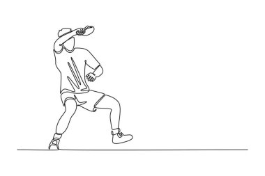 Tek sıra halinde erkek masa tenisi oyuncuları dinamik vuruşlar ve dönüşler yapıyor. Modern ping pong 'da hız, odaklanma ve refleks gösteriyor. Aralıksız çizgi çizimi tasarım grafik vektör çizimi