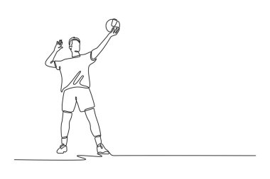 Saha arenasında turnuva sırasında top servis eden profesyonel voleybolcuları çeken bir çizgi. Takım sporu oyuncusu oyunda. Tek çizgi çizimi tasarım vektörü grafik çizimi