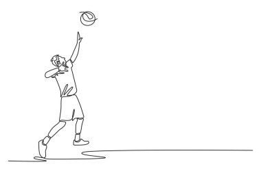 Saha arenasında turnuva sırasında voleybol oynayan voleybolcuyu geri çekmeyi sürdürüyor. Takım sporu oyuncusu oyunda. Tek çizgi çizimi tasarım vektörü grafik çizimi