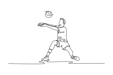Spor salonunda voleybol oynayan ve paslı top alan sporcu sürekli bir çizgi çiziyor. Erkek oyuncu takımıyla sıkı çalışıyor. Tek çizgi çizimi tasarım vektörü grafik çizimi