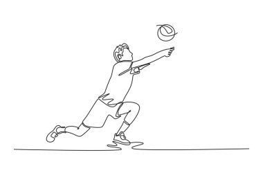 Sürekli bir çizgi halinde erkek voleybol oyuncusu pas atarak topu alıyor. Ya takımıyla antrenman yapıyor ya da yarışmaya katılıyor. Tek çizgi çizimi tasarım vektörü grafik çizimi
