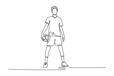 Kapalı sahada turnuva sırasında erkek voleybolcunun ayakta durup topu tutmasını sağlayan bir çizgi. Takım sporu sağlıklı aktivite üzerine. Tek çizgi çizimi tasarım vektörü grafik çizimi