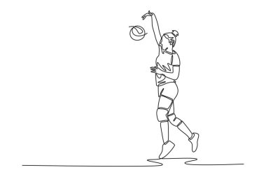 Güzel bayan voleybolcunun antrenman sırasında sahada zıplayarak topa vurduğu tek çizgi. Sporcu kadın takımla çalışıyor. Bir çizgi çizimi grafik tasarım vektör çizimi