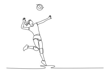 Güzel kadın voleybolcunun oyun sırasında sahada zıplayarak topa vurduğu tek çizgi. Spor takımı işi ya da boş zamanı. Bir çizgi çizimi grafik tasarım vektör çizimi
