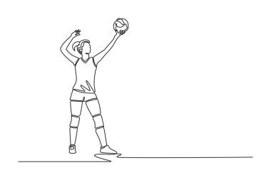 Saha arenasında antrenman yaparken topa servis yapan güzel bayan voleybolcuyu çeken tek sıra. Takım sporu üyesi sağlıklı aktivitelerde. Bir çizgi çizimi grafik tasarım vektör çizimi