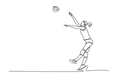 Tek çizgi, kadın voleybolcuyu sürekli hareket halinde çekiyor. Turnuva sırasında sahada zıplayarak topa vuruyor. Sporcu kadın iş başında. Bir çizgi çizimi grafik tasarım vektör çizimi