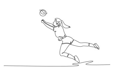 Güzel bayan voleybolcunun kapalı sahada topa vurduğu tek sıra. Milli yarışmaya katılan takım üyesi. Bir çizgi çizimi grafik tasarım vektör çizimi
