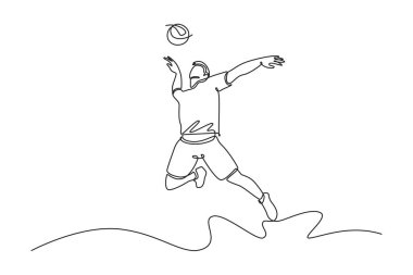 Tek çizgi halinde voleybol oyuncusu antrenman sırasında sahada zıplayarak topa vuruyor. Genç sporcu takımla antrenman yapıyor. Aralıksız çizgi çizimi tasarım grafik vektör çizimi