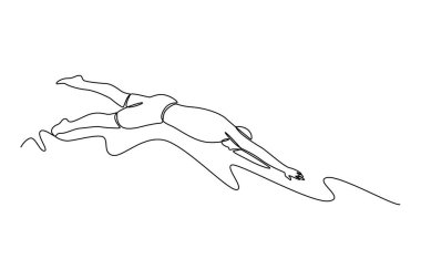 Mayolu ve şapkalı bir erkek yüzücüyü sürekli suyun içine çekiyor. Profesyonel atlet yüzücü yüzme havuzuna dalmaya hazırlanıyor. Tek çizgi çizimi tasarım vektörü grafik çizimi