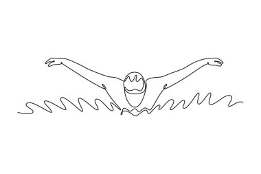 Tek sıra halinde yüzme havuzunda kelebek kulağı takan erkek yüzücü çiziyor. Fitness, egzersiz ve sağlık, sağlık için insan egzersizi. Tek çizgi tasarım vektör grafik çizimi