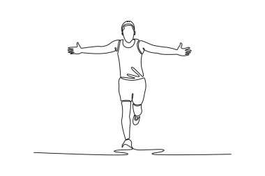 Tek sıra halinde koşan genç adam yarış pistinde bitiş çizgisine koşuyor. Bitirici, maraton koşucusu koşucu anı. Modern sürekli çizgi çizimi tasarım grafik vektör çizimi