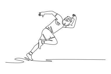 Tek sıra halinde açık havada koşan erkek sporcunun uzun bir resmini çekeceğiz. Ciddi bir hız kazanıyor. Sağlıklı ve aktif bir yaşam tarzı. Aralıksız çizgi çizimi tasarım grafik vektör çizimi