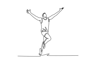 Tek sıra halinde koşan erkek sporcu elleri havada bitiş çizgisine doğru koşuyor. Profesyonel koşucu yarış maratonunda yarışıyor. Aralıksız çizgi çizimi tasarım grafik vektör çizimi