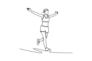 Bitiş çizgisinde kadın koşucuyu zafere taşıyan tek çizgi. Stadyumda spor kutlaması. Yarış maratonu için kız başarısı. Tek çizgi çizimi tasarım vektörü grafik çizimi