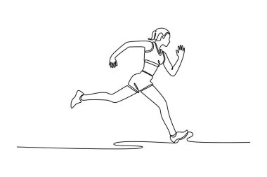 Stadyumun dışında koşan atletizm atletizm yarışçılarını çeken bir çizgi. Bayan atlet koşucu egzersizi ve hızlı koşu maratonu. Tek çizgi tasarım vektör grafik çizimi